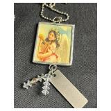 Assorted Art Glass Tile Pendant Necklaces (Lot of 3) Vintage Print Charms on Bead Chains