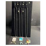 Three Hand Made Art Glass Framed Tile Pendant Necklaces - Assorted Floral & Teacup Prints (Lot of 3)