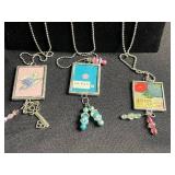 Three Hand Made Art Glass Framed Tile Pendant Necklaces - Assorted Floral & Teacup Prints (Lot of 3)