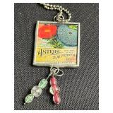Three Hand Made Art Glass Framed Tile Pendant Necklaces - Assorted Floral & Teacup Prints (Lot of 3)