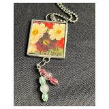 Three Hand Made Art Glass Framed Tile Pendant Necklaces - Assorted Floral & Teacup Prints (Lot of 3)
