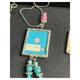 Three Hand Made Art Glass Framed Tile Pendant Necklaces - Assorted Floral & Teacup Prints (Lot of 3)