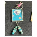 Three Hand Made Art Glass Framed Tile Pendant Necklaces - Assorted Floral & Teacup Prints (Lot of 3)