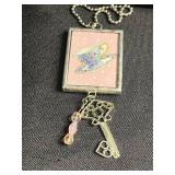 Three Hand Made Art Glass Framed Tile Pendant Necklaces - Assorted Floral & Teacup Prints (Lot of 3)