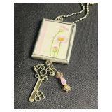 Three Hand Made Art Glass Framed Tile Pendant Necklaces - Assorted Floral & Teacup Prints (Lot of 3)