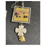 Hand Made Art Glass Square Frame Print Pendant Necklace Set - 3 Two Sided Beaded Ball-Chain Necklaces