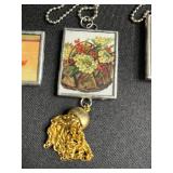 Hand Made Art Glass Square Frame Print Pendant Necklace Set - 3 Two Sided Beaded Ball-Chain Necklaces