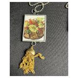 Hand Made Art Glass Square Frame Print Pendant Necklace Set - 3 Two Sided Beaded Ball-Chain Necklaces