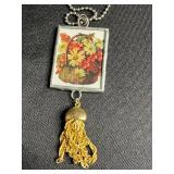 Hand Made Art Glass Square Frame Print Pendant Necklace Set - 3 Two Sided Beaded Ball-Chain Necklaces
