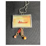 Hand Made Art Glass Square Frame Print Pendant Necklace Set - 3 Two Sided Beaded Ball-Chain Necklaces