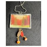 Hand Made Art Glass Square Frame Print Pendant Necklace Set - 3 Two Sided Beaded Ball-Chain Necklaces