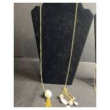 Lariat Acrylic Shell Bead Necklaces - Gold Tone Chains with Shell Charms