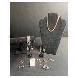 Gold Tone Chain Necklace, Pearl Drop Earrings, Filigree Heart Earrings & Unique Pin