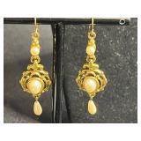 Gold Tone Chain Necklace, Pearl Drop Earrings, Filigree Heart Earrings & Unique Pin