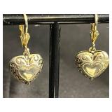 Gold Tone Chain Necklace, Pearl Drop Earrings, Filigree Heart Earrings & Unique Pin