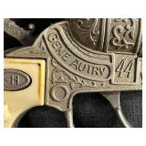 Gene Autry Cap Guns Pair - Ornate Western Toy Pistols with Ivory Grips & Leather Holsters