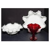 Fenton Glass Collection – Ruby Red Hobnail Pedestal Dish & Silver Crest Milk Glass Bowls