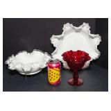 Fenton Glass Collection – Ruby Red Hobnail Pedestal Dish & Silver Crest Milk Glass Bowls