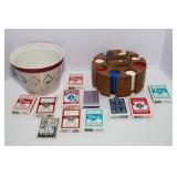 Wooden Poker Chip Carousel, Serving Bowl and Decks of Cards