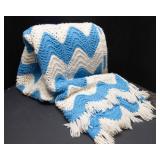 Blue and White Crocheted Throw Blanket