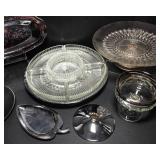 Seven Pieces of Metal and Cut Glass Servingware