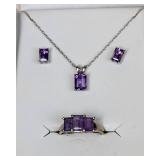 10K White Gold & Purple Stone Jewelry Set – Necklace, Ring & Earrings