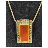 925 Art Deco Carnelian Pendant & Long Chain