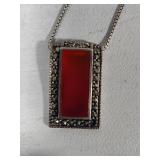 925 Art Deco Carnelian Pendant & Long Chain