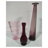 Wheaton Bullseye Ruby Red Bud Vase, Pink Swirl Vase & Tall Amethyst Vase