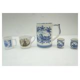 Vintage Collectible Delft Blue Holland Heineken Ceramic Stein and shot glasses
