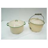 Vintage Enamelware Pots w/Lids. Cream w/green trim.