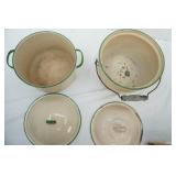 Vintage Enamelware Pots w/Lids. Cream w/green trim.