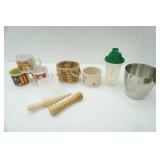 Stainless Bucket, Mixing/Measuring Cup w/pour lid, stoneware bowl, Soup Mugs, wooden tapered dowel, wooden ribbed roller