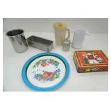 Vintage Tin Serving Tray, Vintage Juice Container, Stainless Steel Container, Shaker, Poly Pour container, aluminum baking dish, cookie tin