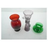 Vintage Anchor Hocking Royal Ruby Red Glass Vase, Anchor Hocking emerald green glass bud vase, purple stretch glass ruffled vase