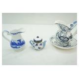 Vintage blue transferware creamer, blue & white Chinese teapot trinket box, Enesco Blue Onion small pitcher and bowl set