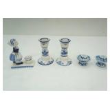 Vintage Delft Blue Dutch Holland Ceramic Taper Candle Holders, Elesva Holland 757 Delft Candle Holder, Flow Blue & WHite porcelain candlestick holders