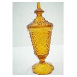 Vintage Indiana Glass amber diamond point pedestal apothecary jar w/lid. 12" tall