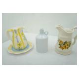 white/speckled blue ceramic jug; vintage Ironstone sunflower pitcher; pottery pitcher and plate
