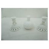 Vintage Milk Glass Open Lattice Candlestick Holders ad Hobnail Perfume Jar
