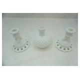 Vintage Milk Glass Open Lattice Candlestick Holders ad Hobnail Perfume Jar