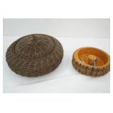 Vintage Round Wicker Basket; vintage nutcracker bowl set-