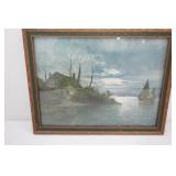 Vintage Framed Print 13"x 10". Seascape at Twilight