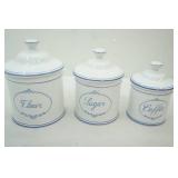 3ct Blue & White Ceramic Canister Set. Flour, Sugar, Coffee.