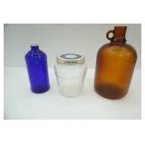 Vintage Brown Glass Jug, vintage Cobalt Blue Glass Bottle, vintage glass Chunky Jar