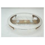 Vintage Glasbake Oval Meat Serving Platter w/Walnut Warming Stand