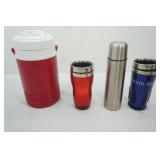 water cooler jug, stainless thermos, 2 travel mugs