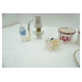 Vintage Avon "Dutch Pipe", Spongeware & other small planters, china plates bell, small porcelain oil lamp