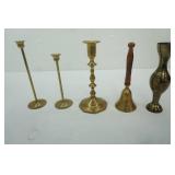 Vintage Brass Candlesticks, Vase, and Bell
