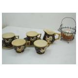 Vintage Black Ceramic Rooster & Fruit Themed Tea Set, Decorative Wire Basket